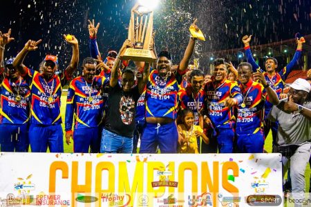 Eccles All-Stars celebrate as champions of the inaugural Kares One Guyana T10.
