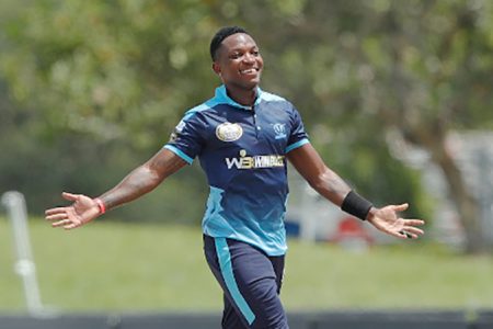 Fast bowler Fidel Edwards celebrates a wicket during his hat-trick in the US Masters T10 yesterday. (Photo courtesy US Masters T10 Media) 