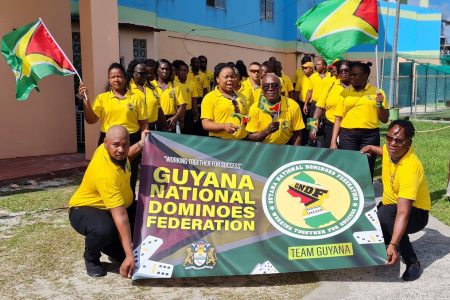 Some members of the Guyana female team at the March Past yesterday.
