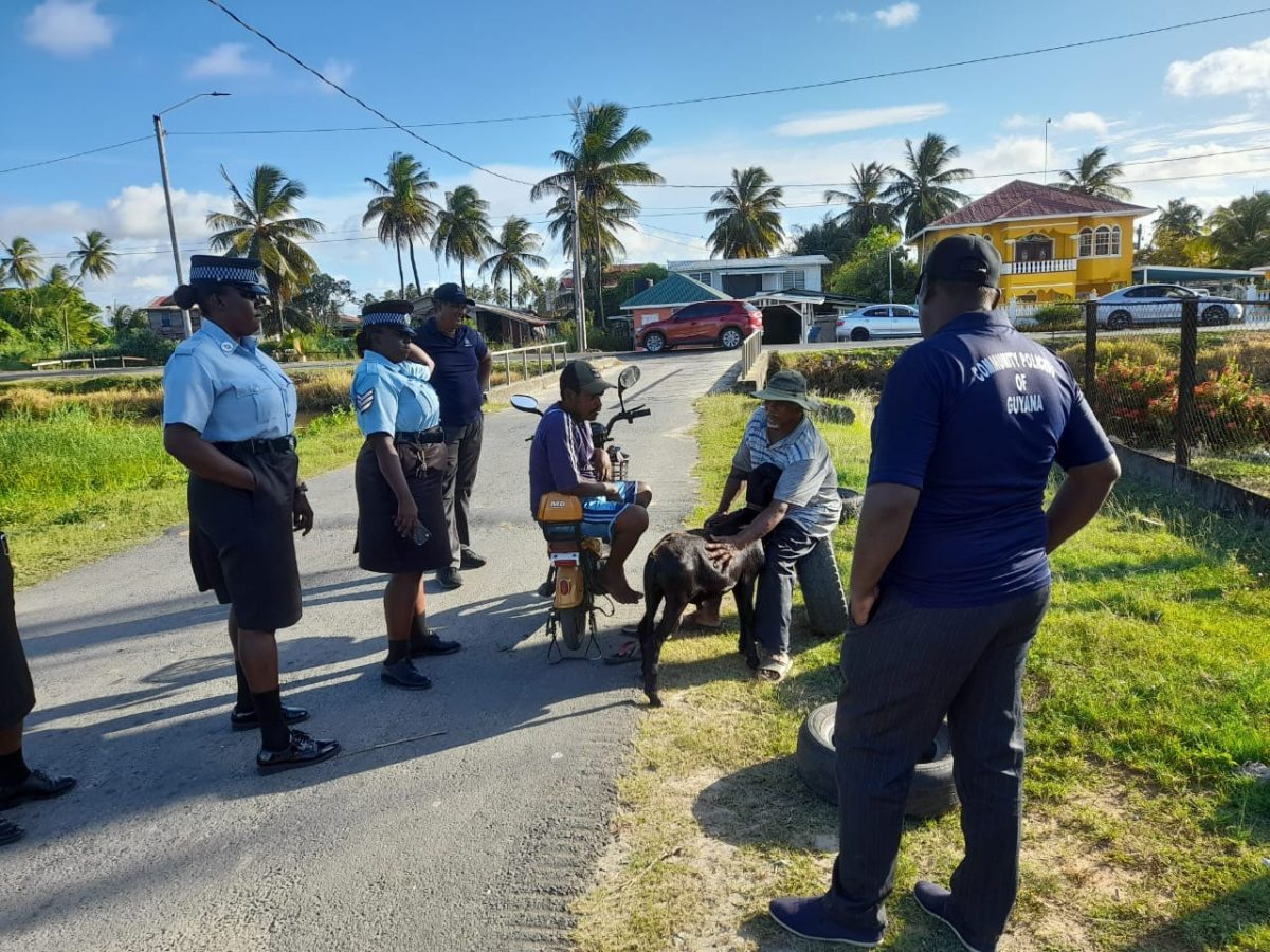Ranks from the Clonbrook Police Outpost and members of the Beehive Community Policing Group (CPG) held a community engagement with residents of Greenfield, East Coast Demerara, between 15:30 and 17:00 hrs on Monday. Residents raised several issues and concerns affecting them in the area, which were looked into by the visiting team and resolved where possible. (Police photo)