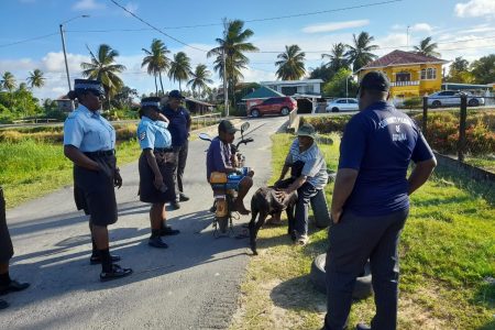 Ranks from the Clonbrook Police Outpost and members of the Beehive Community Policing Group (CPG) held a community engagement with residents of Greenfield, East Coast Demerara, between 15:30 and 17:00 hrs on Monday. Residents raised several issues and concerns affecting them in the area, which were looked into by the visiting team and resolved where possible. (Police photo)