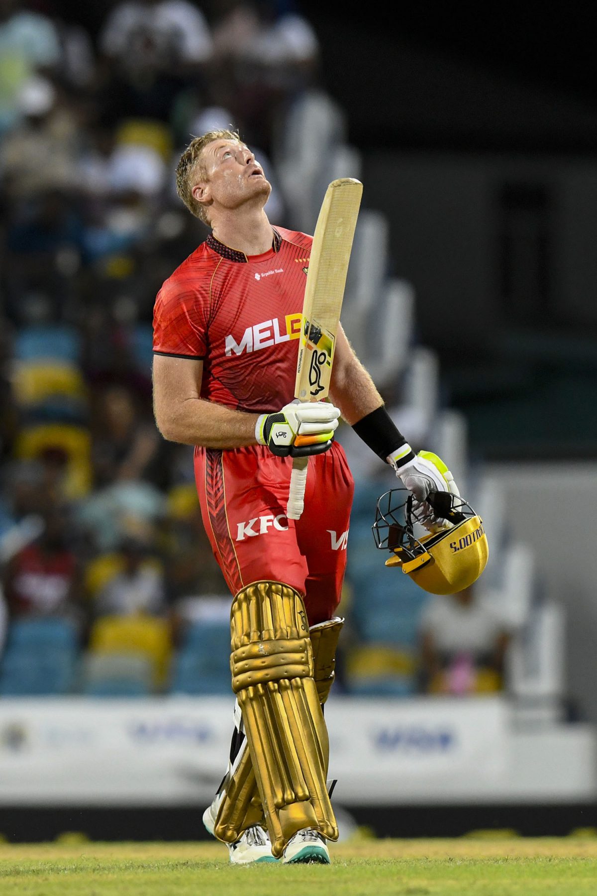 Martin Guptill of Trinbago Knight Riders celebrates his century during the Men’s 2023 Republic Bank Caribbean Premier League match 13 between Barbados Royals and Trinbago Knight Riders at Kensington Oval yesterday in Bridgetown, Barbados. (Photo by Randy Brooks/CPL T20 via Getty Images)