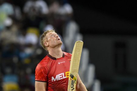 Martin Guptill of Trinbago Knight Riders celebrates his century during the Men’s 2023 Republic Bank Caribbean Premier League match 13 between Barbados Royals and Trinbago Knight Riders at Kensington Oval yesterday in Bridgetown, Barbados. (Photo by Randy Brooks/CPL T20 via Getty Images)