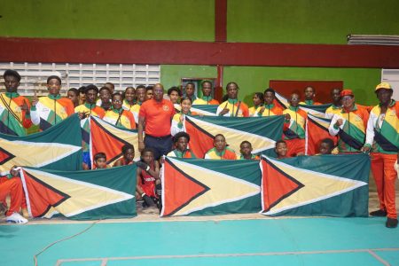 The Guyana contingent with president of the Guyana Boxing Association Steve Ninvalle are ready for the ringing of the first bell.