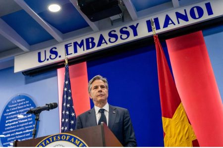 U.S. Secretary of State Antony Blinken held a news conference at the U.S. Embassy in Hanoi on April 15. Andrew Harnik/Pool/AFP via Getty Images