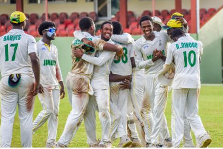 Jamaica celebrate their capture of the Rising Stars Under-19 double at Arnos Vale yesterday. (Photo courtesy CWI Media) 