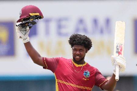 Jordan Johnson celebrates his brilliant hundred in the second Youth One-Day International against Sri Lanka Under-19s yesterday. (Photo courtesy CWI Media) 