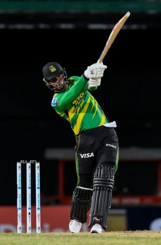 Brandon King of Jamaica Tallawahs hits a six during the Men’s 2023 Republic Bank Caribbean Premier League match 7 between Saint Kitts and Nevis Patriots and Jamaica Tallawahs at Warner Park Sporting Complex last night in Basseterre, Saint Kitts and Nevis. (Photo by Randy Brooks/CPL T20 via Getty Images)