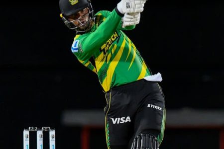 Brandon King of Jamaica Tallawahs hits a six during the Men’s 2023 Republic Bank Caribbean Premier League match 7 between Saint Kitts and Nevis Patriots and Jamaica Tallawahs at Warner Park Sporting Complex last night in Basseterre, Saint Kitts and Nevis. (Photo by Randy Brooks/CPL T20 via Getty Images)
