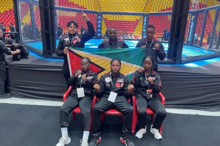 Team Guyana posing for the cameras at the conclusion of the Pan Am MMA Championship in Colombia.