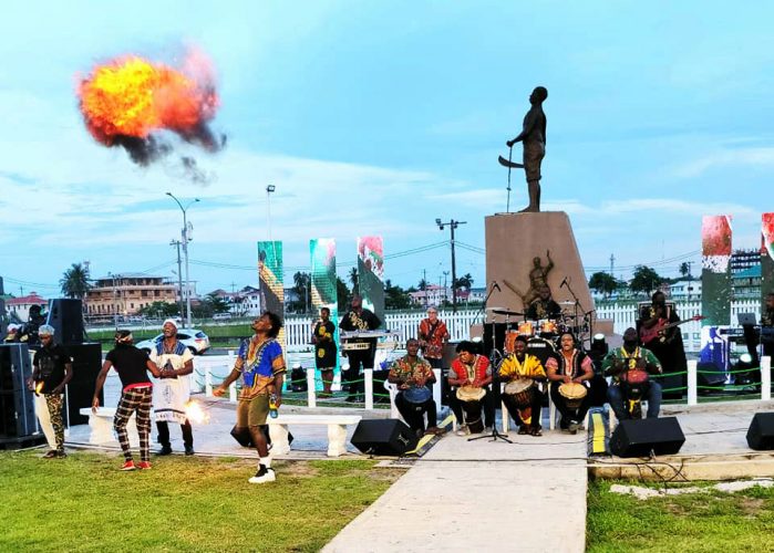 A performance at the 1823 Uprising monument in February 2022