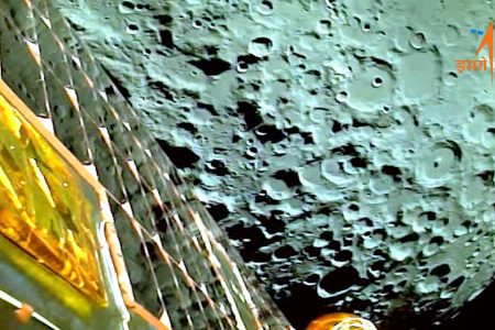 FILE PHOTO: A view of the moon as viewed by the Chandrayaan-3 lander during Lunar Orbit Insertion on August 5, 2023 in this screengrab from a video released August 6, 2023.  ISRO/Handout via REUTERS/File Photo