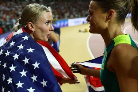 SHARED GOLD! American Katie Moon and Australia’s Nina Kennedy decided to share the gold medal in a dramatic women’s pole vault final at the World Athletics Championships yesterday