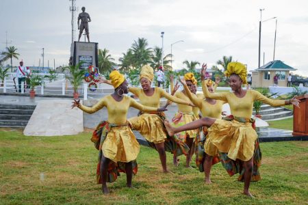  Paying homage in dance to those who fought for freedom.  On Friday a ceremony in honour of the 200th anniversary of the 1823 uprising was held by the state at the monument opposite the Kitty seawall. (Office of the President photo)

