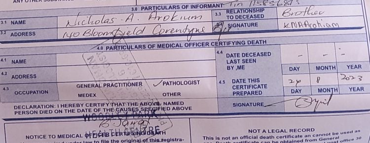 Nicholas Arokium’s name on the post-mortem report as witness the same day the police said that he was in custody. 
