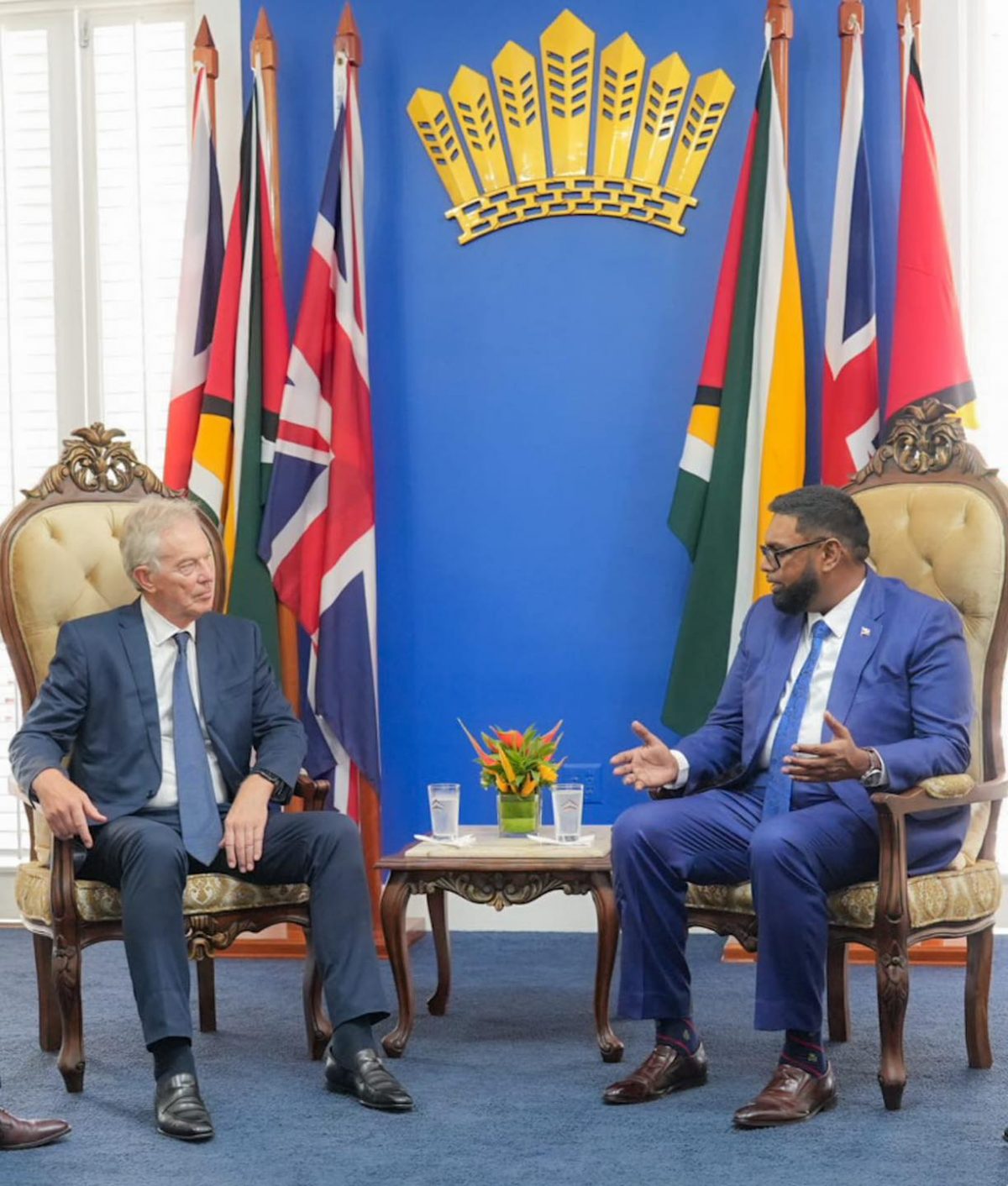 President Irfaan Ali (right) with former UK Prime Minister Tony Blair today.