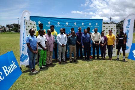 Members of the launch party pose for the cameras following the announcement of the inaugural GCB U23 Men’s Super-50 Club Championship at the GCC ground, Bourda.