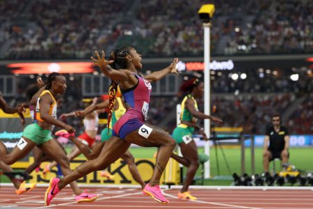 RECORD RUN! USA’s Sha’Carri Richardson on her way to world championship gold and glory yesterday in Hungary (Getty Images)