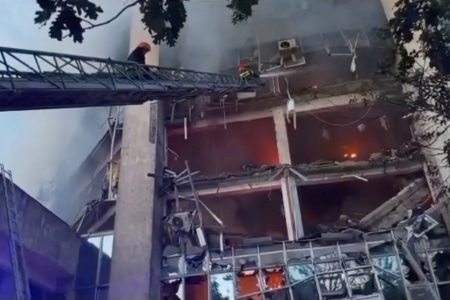 Firefighters work at a damaged property, following a Russian drone attack, amid Russia's attack on Ukraine, at Izmail, Odesa region, Ukraine, August 2, 2023, in this screen grab obtained from a handout video. Ukraine's Operational Command 'South' /Handout via REUTERS