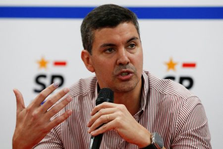 FILE PHOTO: President-Elect Santiago Pena, a 44-year-old economist who won 43% of the vote on Sunday in the Presidential election, speaks during a news conference in Asuncion, Paraguay May 2, 2023. REUTERS/Cesar Olmedo