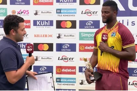 Romario Shepherd being interviewed by India cricket commentator Raunak Kapoor after being adjudged Man of the Match.