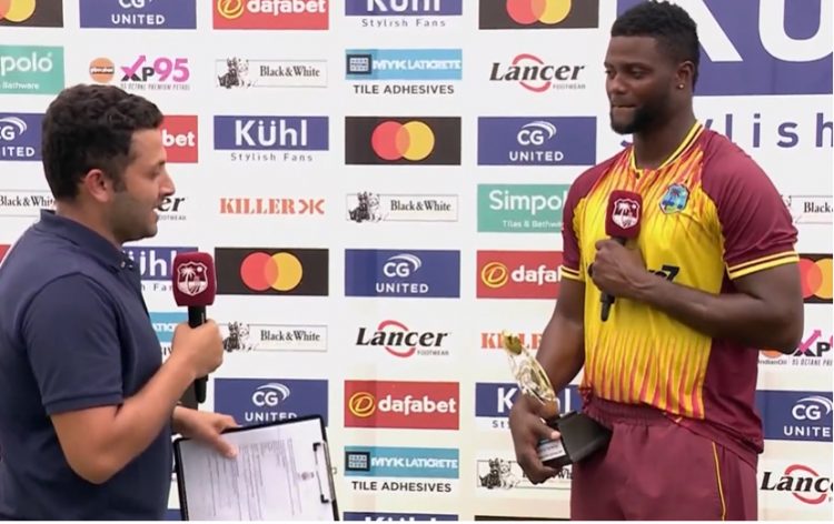 Romario Shepherd being interviewed by India cricket commentator Raunak Kapoor after being adjudged Man of the Match.