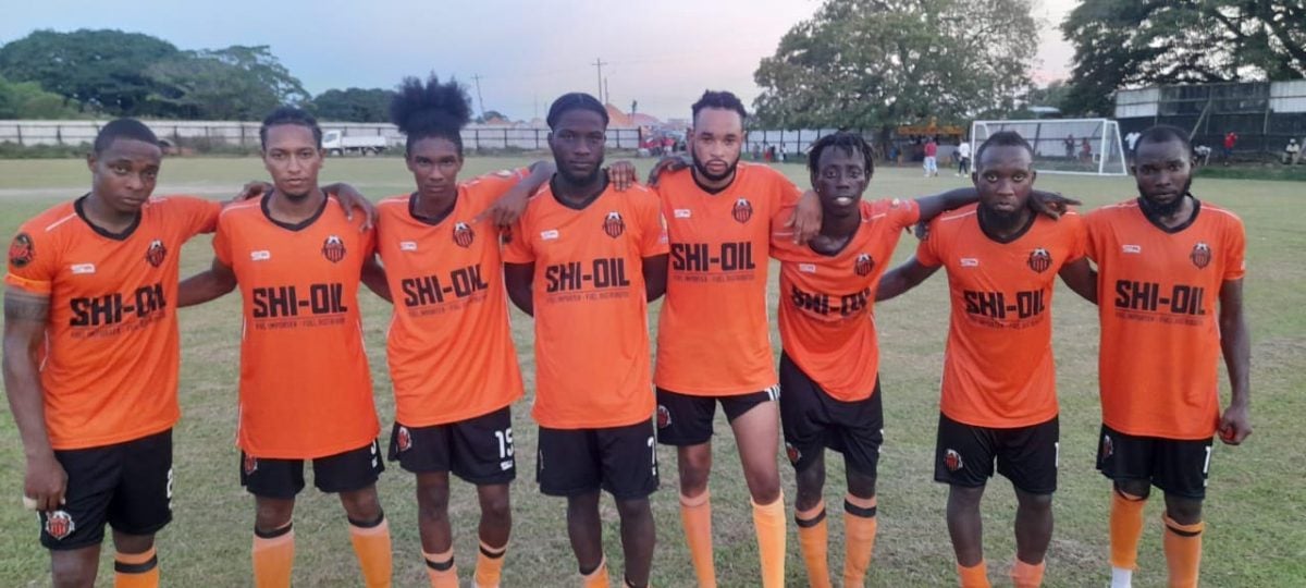 Slingerz FC scorers from left Leo Lovell, Seon Taylor, Bryan Wharton, Lennox Young, Jamal Perreira, Ricardo Halley, and Jamal Codrington. Simeon Moore (3rd from right) did not score.  