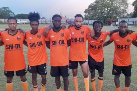 Slingerz FC scorers from left Leo Lovell, Seon Taylor, Bryan Wharton, Lennox Young, Jamal Perreira, Ricardo Halley, and Jamal Codrington. Simeon Moore (3rd from right) did not score.  