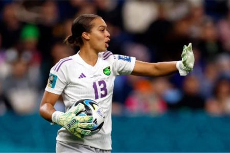  Jamaica’s hero, goalkeeper Rebecca Spencer. 