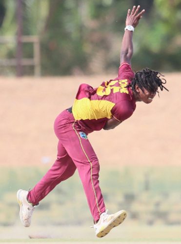 Fast bowler Isai Thorne sends down a delivery during his three-wicket spell in the second Youth One-Day International yesterday. (Photo courtesy CWI Media)