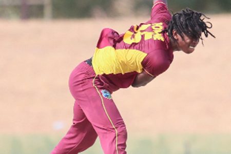 Fast bowler Isai Thorne sends down a delivery during his three-wicket spell in the second Youth One-Day International yesterday. (Photo courtesy CWI Media)