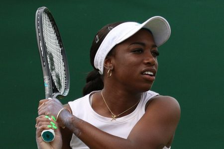 Guyana’s Sachia Vickery, left,  produced one of the biggest upsets of this year’s US Open
tournament when she ousted the number 21 seeded player Croatia’s Donna Vekic in three energy sapping games yesterday at the USTA Billie Jean King, National Tennis Centre, New York.