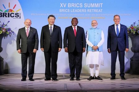 (From left) Brazil’s President Luiz Inacio Lula da Silva, China’s President Xi Jinping, South Africa’s President Cyril Ramaphosa, India’s Prime Minister Narendra Modi and Russia’s Foreign Minister Sergei Lavrov. PHOTO: REUTERS