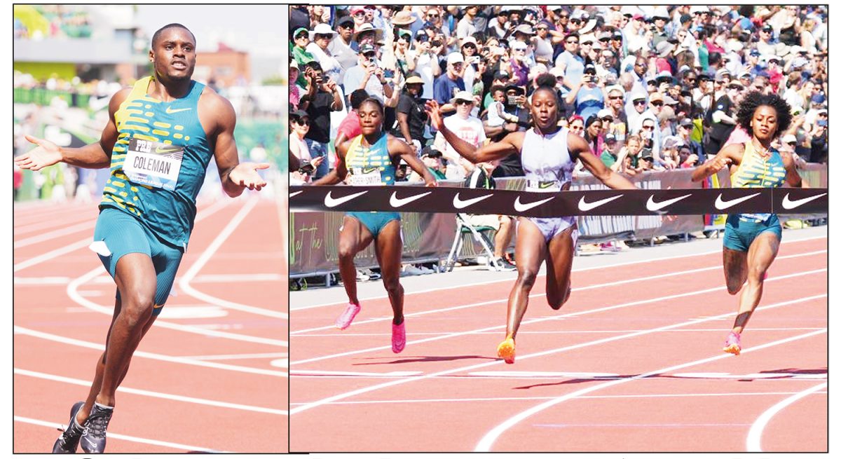 Christian Coleman, left and Shericka Jackson, right avenged their world championships defeats by winning the   100m men and women’s events yesterday.