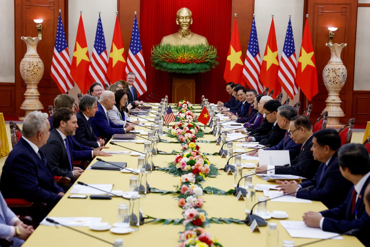 U.S. President Joe Biden attends a meeting with Vietnam’s Communist Party General Secretary Nguyen Phu Trong, at the Communist Party of Vietnam Headquarters in Hanoi, Vietnam, September 10, 2023. REUTERS/Evelyn Hockstein