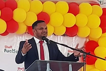 Minister of Natural Resources, Vickram Bharrat speaking at the opening of the Shell service station in Enmore 