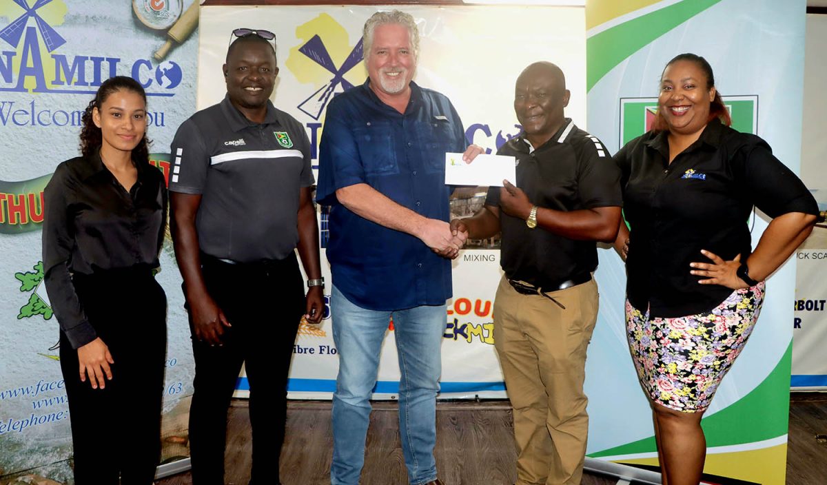 GFF Director of Competitions Troy Peters (2nd from right) received the sponsorship cheque following the official launch of the NAMILCO 2023 Thunderbolt Flour Power Under-17 League. Also in the photo are GFF member Sasha Gouveia (1st from left), Technical Director Bryan Joseph (2nd from left), and NAMILCO Marketing Supervisor Alicia Anderson (1st from right).
