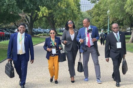 Members of the Opposition delegation in Washington DC. From left are Deonarine Ramsaroop, Dawn Hastings-Williams, Amanza Walton-Desir, Sherod Duncan and Roysdale Forde. (Cathy Hughes Facebook page)
