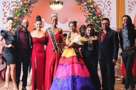 Miss Guyana Teen Scholar Akeelah Andrews (fourth, left) flanked by first runner-up Adana Dorrick (second, left), and  second runner-up Kristie Rambharat (fourth, right) as well as members of the Imperial House, the pageant organisers