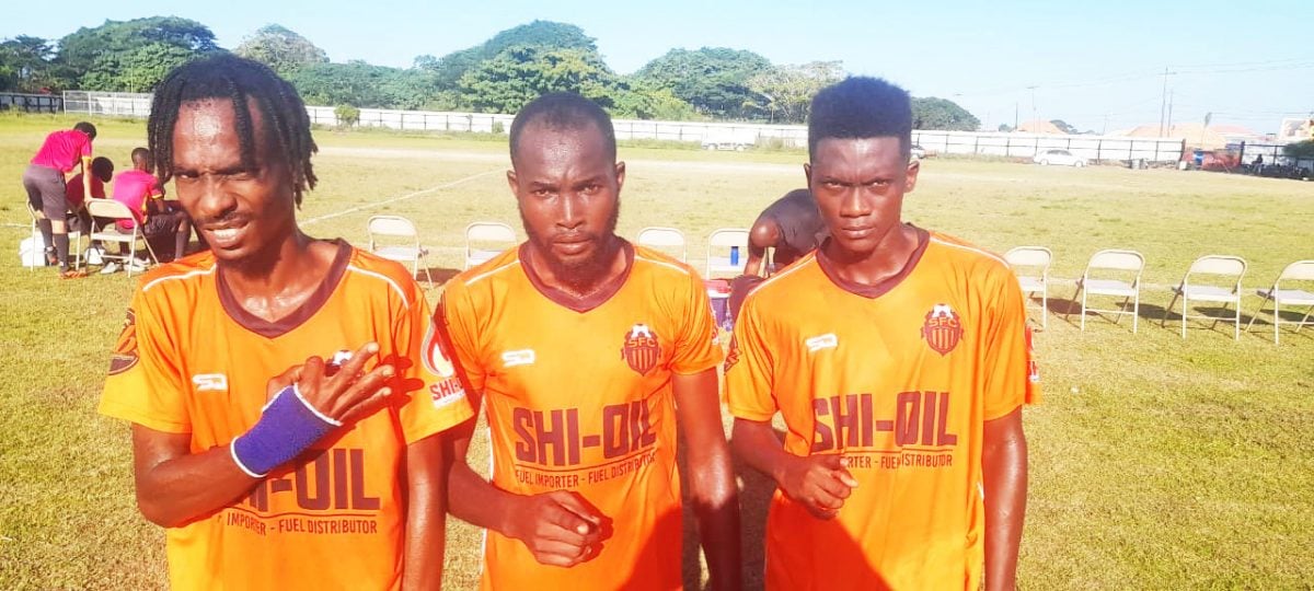 Slingerz FC scorers from left Deon Alfred, Jamal Codrington, and Rondel Peters