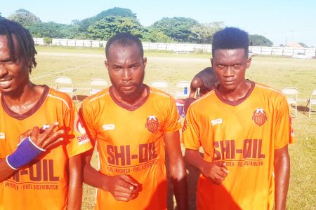 Slingerz FC scorers from left Deon Alfred, Jamal Codrington, and Rondel Peters