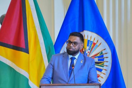 President Irfaan Ali addressing the OAS session yesterday (Office of the President photo)