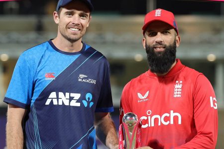 SERIES SHARED!New Zealand captain Tim Southee, left and England captain Moeen Ali with the T20 trophy.
