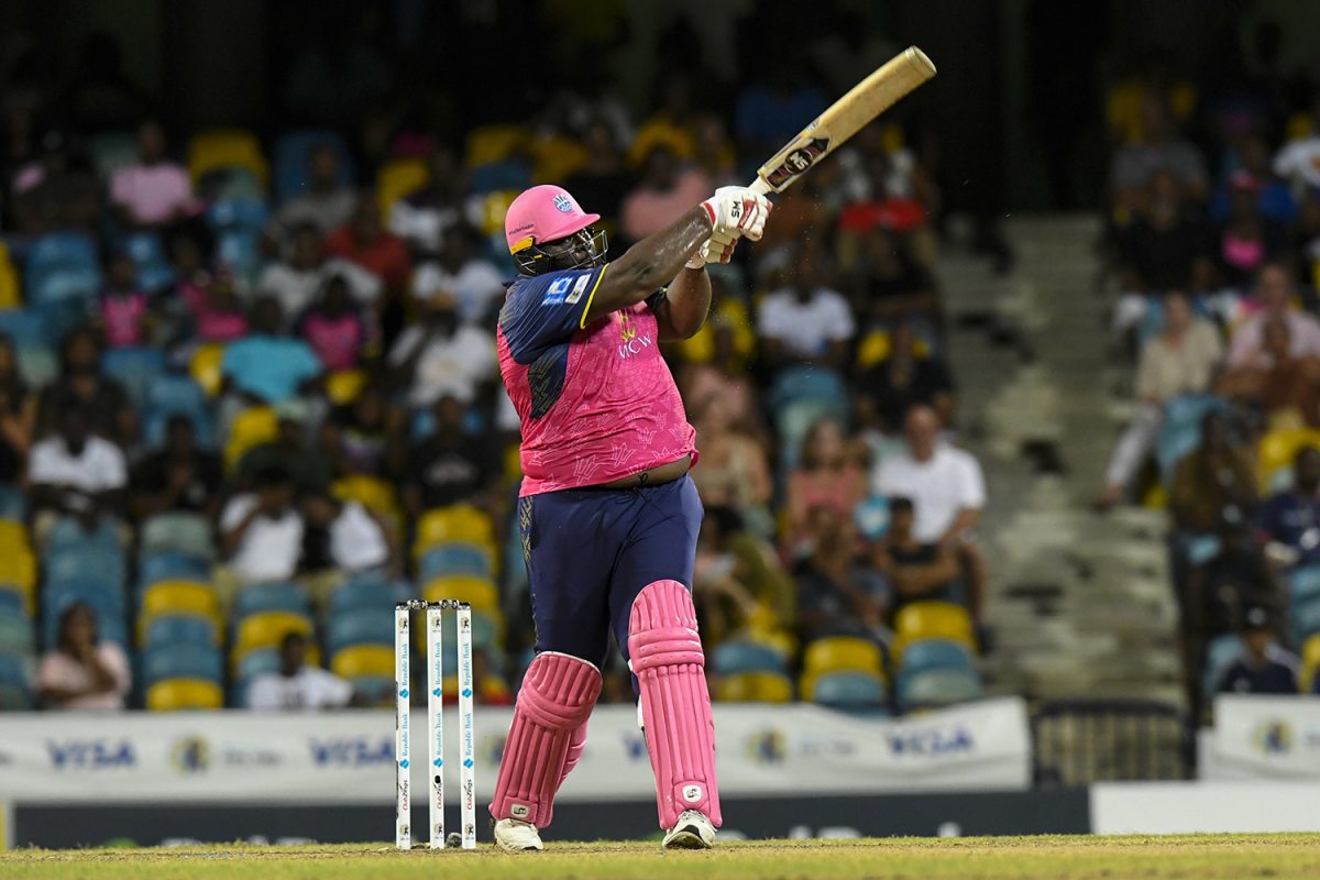 Rahkeem Cornwall hits down the ground during his hundred against St Kitts and Nevis Patriots. (Photo courtesy CPLT20/Getty Images) 