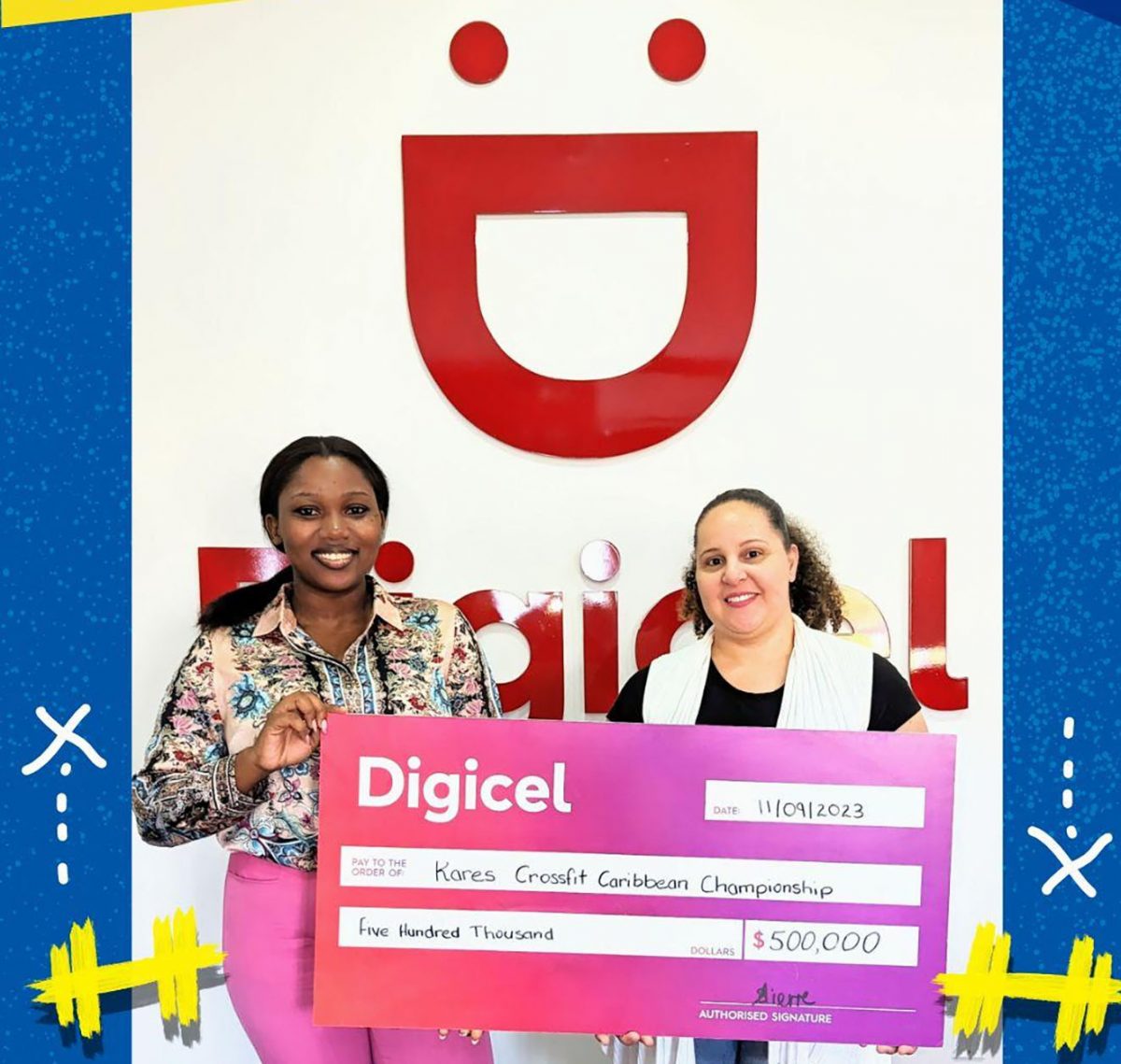 Gabriella Chapman (left), Digicel’s Communications Manager handing over the sponsorship cheque to Jordana Ramsay- Gonsalves, Event Organiser