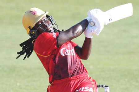 TKR’s Deandra Dottin goes on the attack during her top score of 47 yesterday. (Photo courtesy CPLT20/Getty Images)
