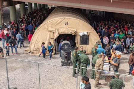 The scene outside the Border Patrol station in El Paso where U.S. officials say they are becoming overwhelmed in the face of a migration surge. (U.S Customs and Border Patrol / Handout)