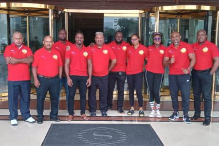 The 2023 GAPLF Team to the 10th Annual FESUPO Regional Powerlifting Championships pose outside their hotel in Lima, Peru, after arriving, yesterday.
