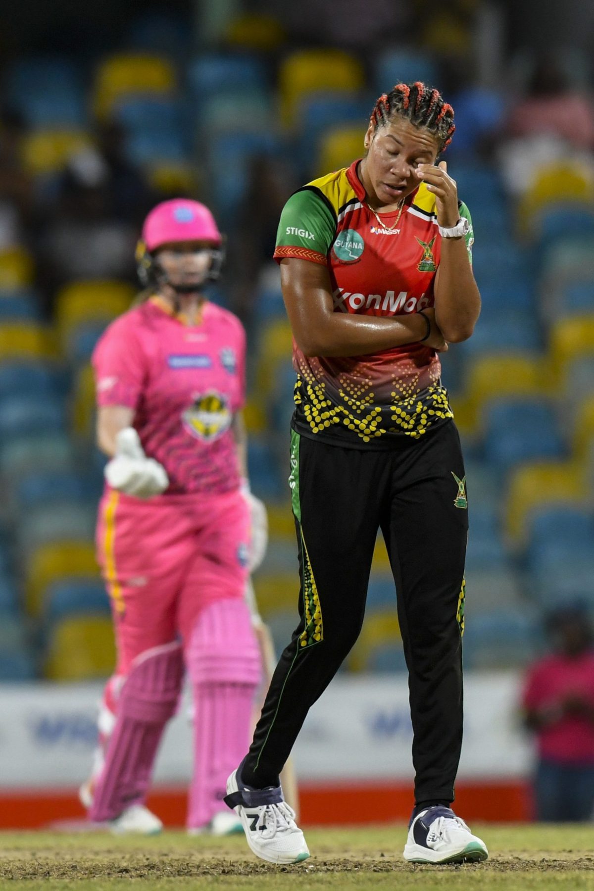 Cherry-Ann Fraser (R) of Guyana Amazon Warriors express disappointment after the team’s defeat to the Barbados Royals at Kensington Oval yesterday. (Photo by Randy Brooks/CPL T20 via Getty Images)