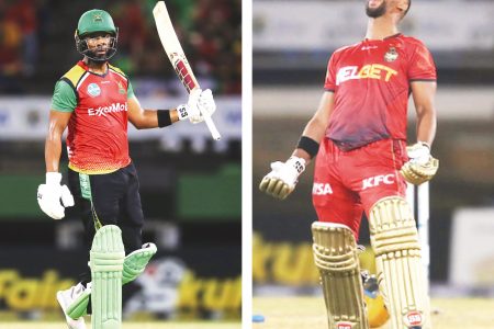 Guyana Amazon Warriors’ captain Shai Hope, left, and Trinbago Knight Riders’ Nicholas Pooran have each scored
centuries in this year’s competition and as such will be crucial to their team’s chances of advancing to Sunday’s final